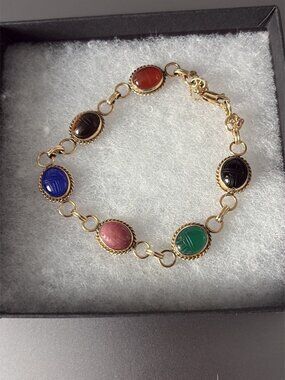 14K Gold Scarab Bracelet Multi Gemstone Carved Cabochon Safety Chain 7.5”